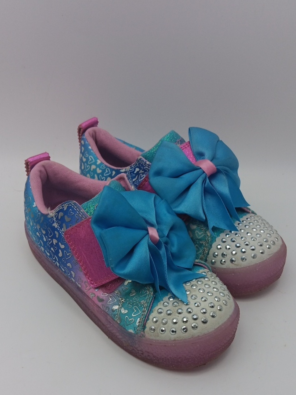Skechers Girls LIGHT UP Blue & Pink Bow Embellished Slip-On Sneakers SIZE 11